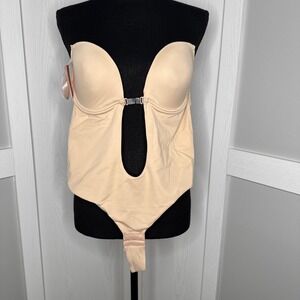 Feeling Girl Shapewear Deep V Thong Low-Back Tummy Control Bodysuit-M-Nude